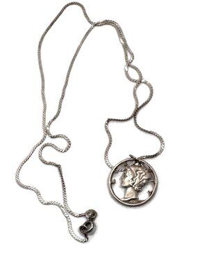 Vintage Coin, Mercury Dime, 1942, Cut-Out Pendant, Sterling Silver Chain